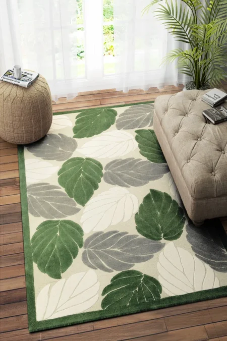 GREEN IVORY FLORAL HAND TUFTED CARPET - Size (9x6)