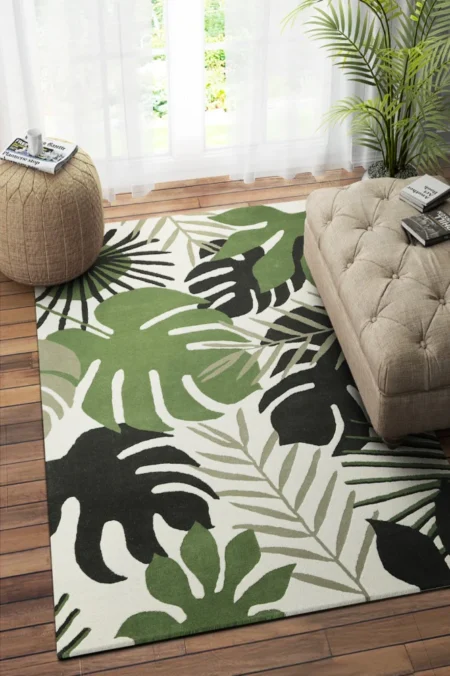 GREEN IVORY FLORAL HAND TUFTED CARPET - Size (9x6)